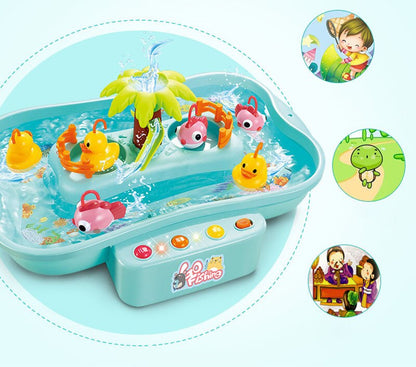 Children's water play set with toy ducks and accessories on a light blue background Electric Fishing Game with Water Magnetic Fish Tank Toy bleu ribbon