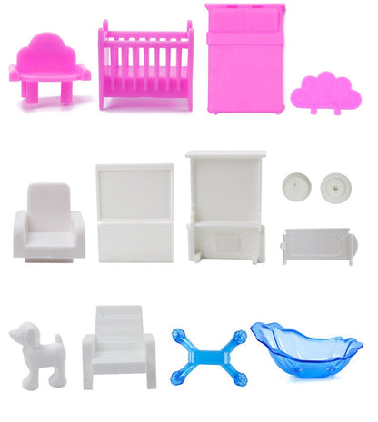 Set of miniature furniture and accessories on a white background bleu ribbon