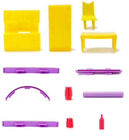 Set of colorful plastic furniture pieces on a white background bleu ribbon