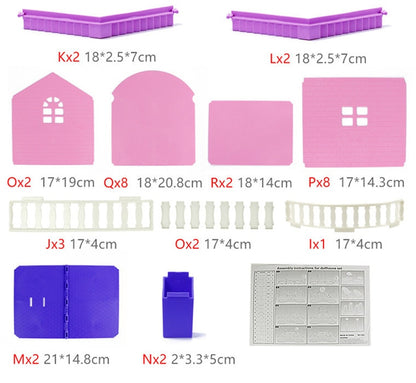 Set of pink and purple plastic building blocks with dimensions labeled on a white background.bleu ribbon
