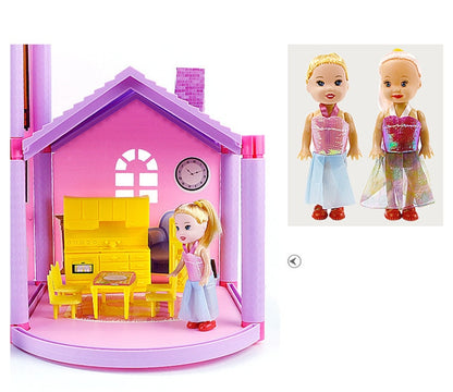 Toy house with a doll inside and two additional dolls on a white background bleu ribbon