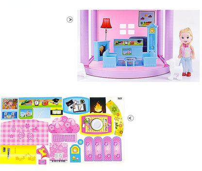 Toy dollhouse with furniture and accessories on a white background bleu ribbon