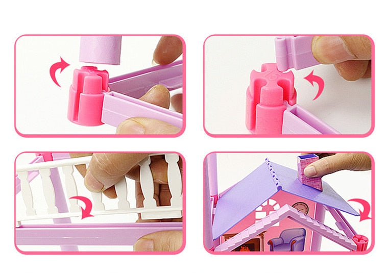 Step-by-step assembly of a pink toy house with hands guiding the pieces. bleu ribbon