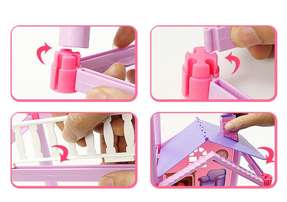 Step-by-step assembly of a pink toy house with hands guiding the pieces. bleu ribbon
