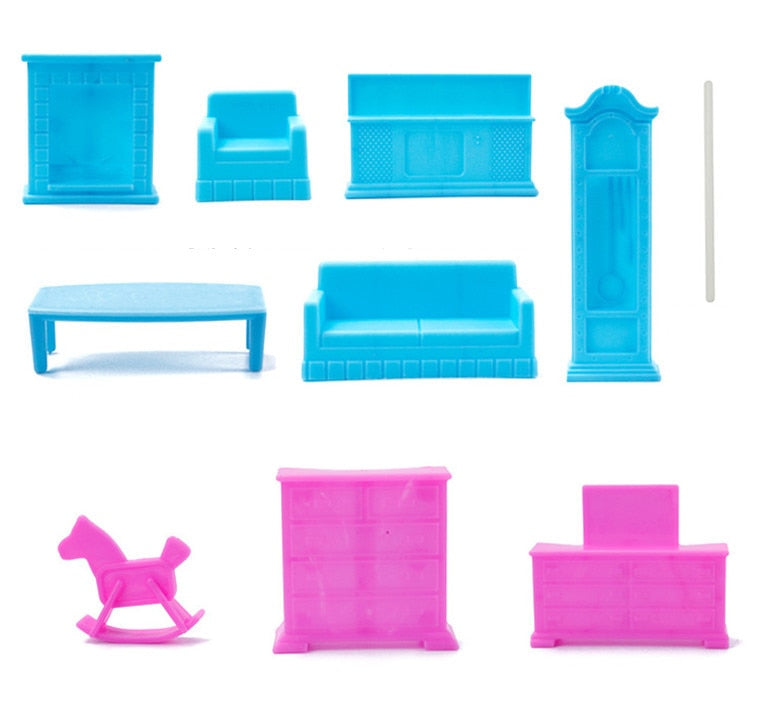 Collection of blue and pink toy furniture pieces on a white background Enchanted_Dream_Eco-Friendly_DIY_Dollhouse_Set bleu ribbon