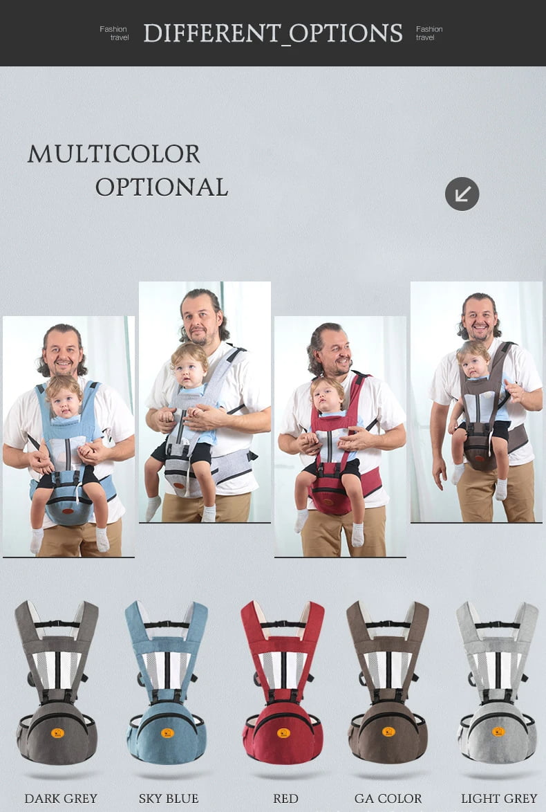 Baby carrier with multiple color options displayed on a gray background bleu ribbon