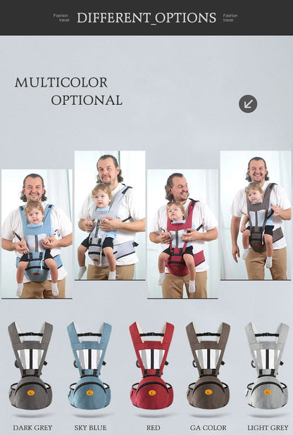 Baby carrier with multiple color options displayed on a gray background bleu ribbon