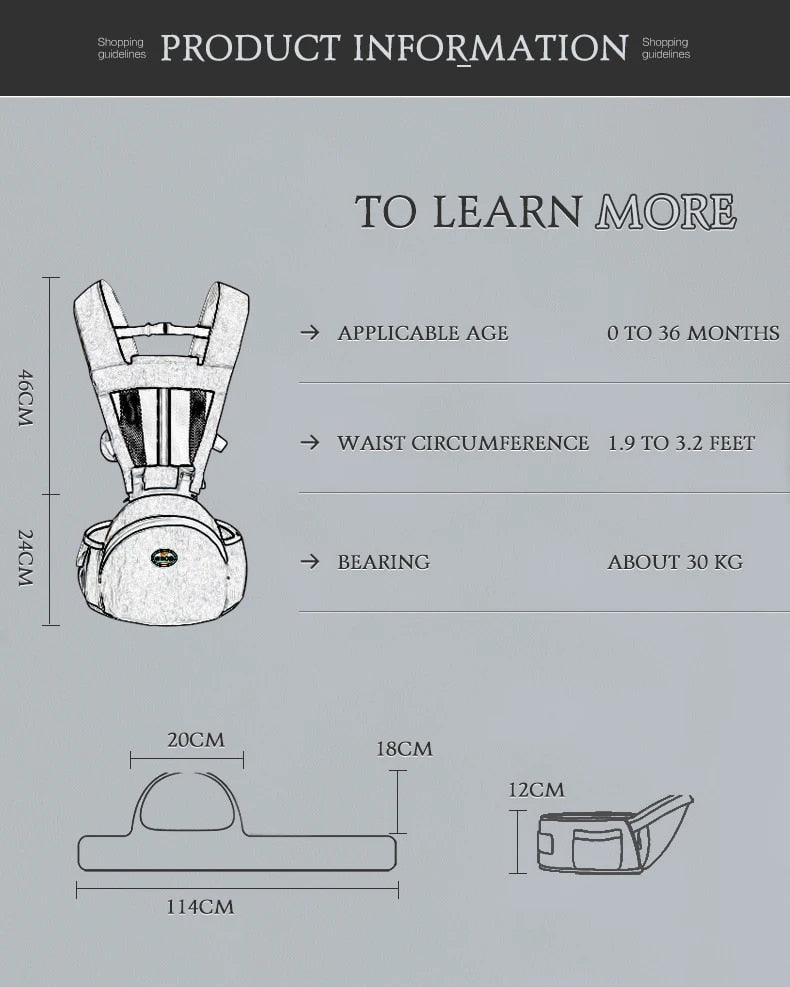 Product information diagram for a baby carrier with dimensions and weight capacity on a gray background. bleu ribbon