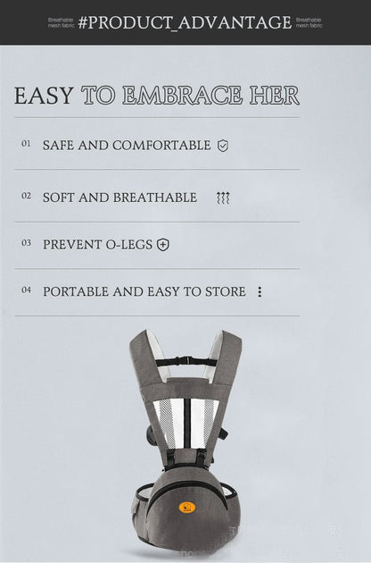 Baby carrier with features listed on a light gray background bleu ribbon