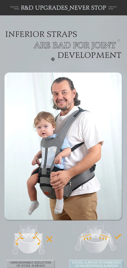 Man holding a child in a baby carrier with text about strap quality and joint development. bleu ribbon