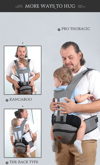 Man using a baby carrier with text on 'More Ways to Hug' and 'Pro Thoracic' positions. bleu ribbon