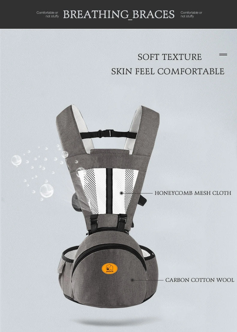 Gray baby carrier with text highlighting features on a light gray background bleu ribbon