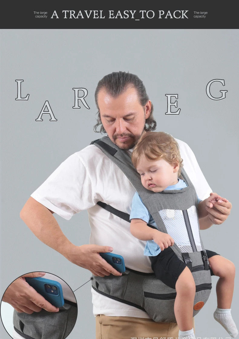 Man holding a child in a baby carrier with text about travel ease and product size. bleu ribbon
