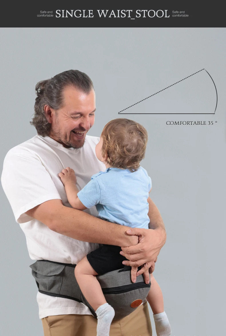 Man holding a child using a waist stool with a diagram indicating comfort level. bleu ribbon