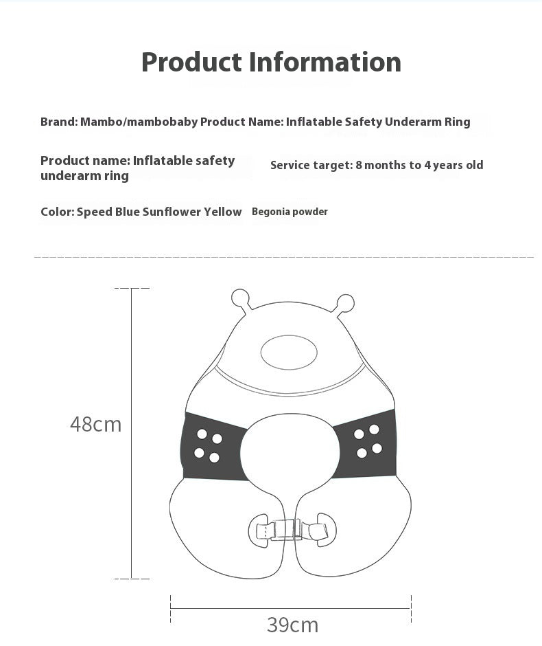 Baby in a stroller with a soft toy, surrounded by close-up images of the toy. Air-Free Baby Swim Float with Canopy Bleu ribbon baby