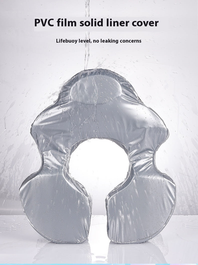 PVC film solid liner cover on an inflatable lifebuoy with text about leak concerns. FloatBee Air-Free Baby Swim Float with Canopy bleu ribbon baby