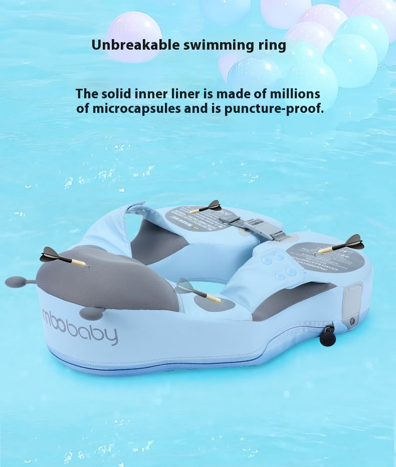 Inflatable swimming ring with text on a blue water background FloatBee Air-Free Baby Swim Float with Canopy bleu ribbon baby