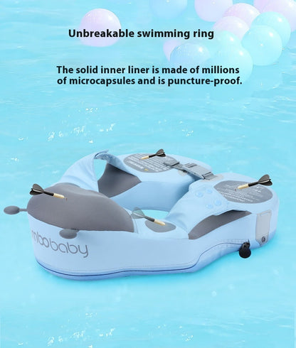 Inflatable swimming ring with text on a blue water background FloatBee Air-Free Baby Swim Float with Canopy bleu ribbon baby