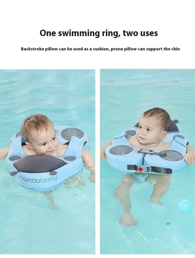 Baby swimming ring with shark design used as a backstroke pillow and prone pillow. FloatBee Air-Free Baby Swim Float with Canopy bleu ribbon baby