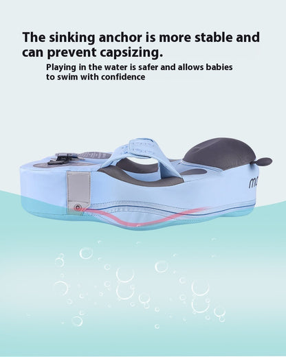 Blue and gray baby flotation device on a light blue background with text about its stability and safety. FloatBee Air-Free Baby Swim Float with Canopy bleu ribbon