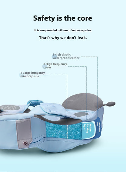 Product with text about safety and microcapsules on a light blue background FloatBee Air-Free Baby Swim Float with Canopy bleu ribbon