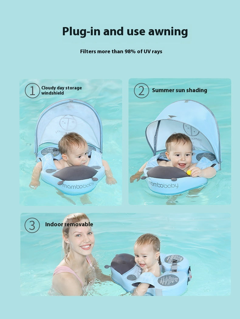 Baby swimming ring with sunshade and awning features, used by a woman and two children in water. bleu ribbon