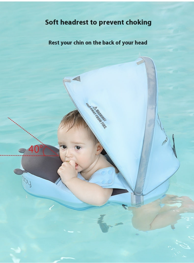 Baby wearing a soft headrest for swimming in water with text indicating safety features. FloatBee Air-Free Baby Swim Float with Canopy bleu ribbon