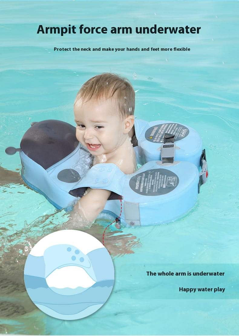 Child wearing an armpit swim float in a pool with text about its benefits. FloatBee Air-Free Baby Swim Float with Canopy bleu ribbon