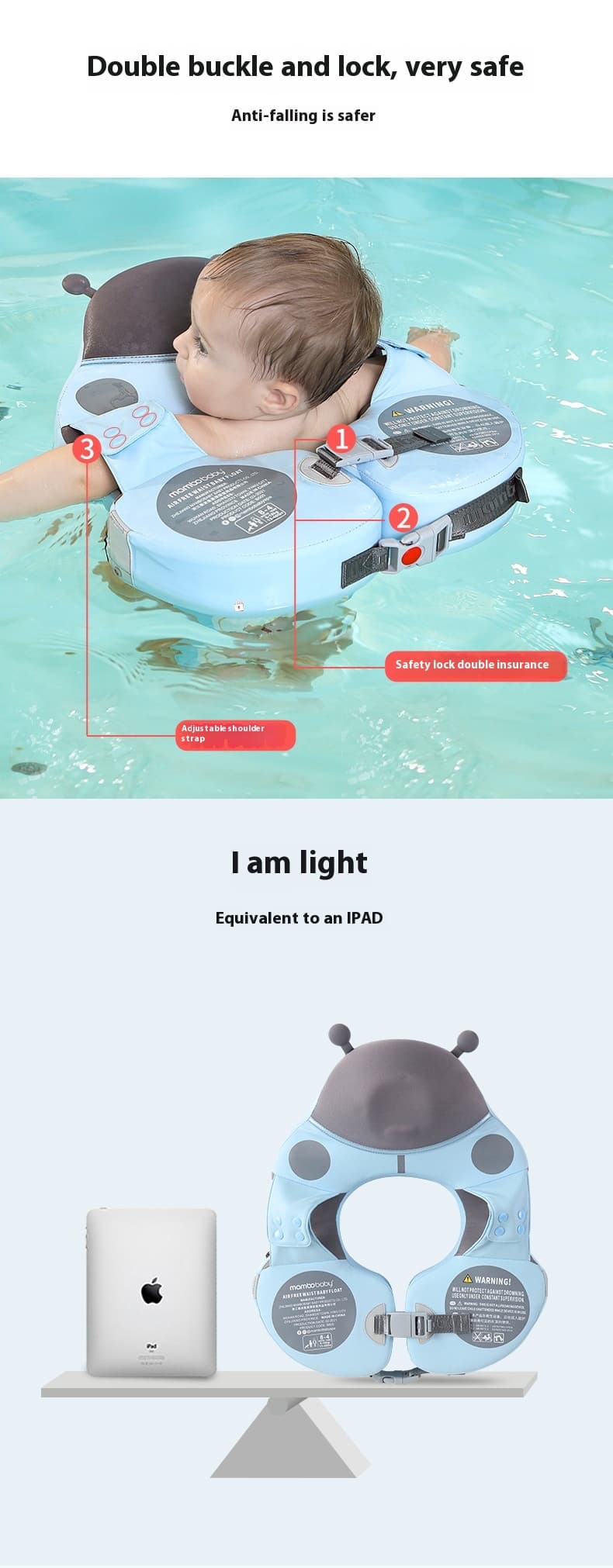 Baby life jacket with safety features and weight comparison to an iPad. FloatBee Air-Free Baby Swim Float with Canopy bleu ribbon