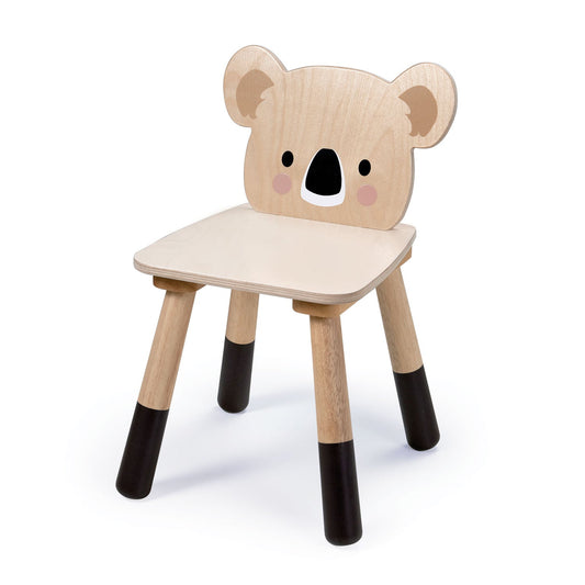 Wooden chair shaped like a bear with black-dipped legs on a white background. Close-up of the hand-finished koala face back panel on the wooden nursery chair.