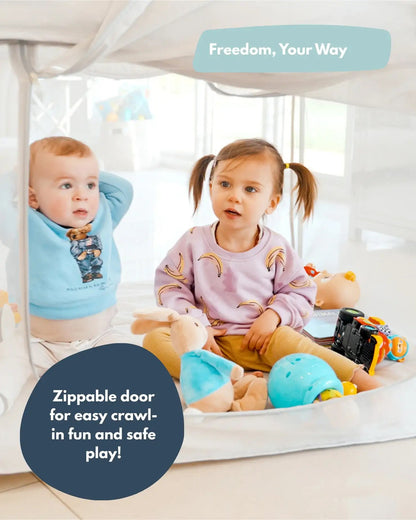 Two children playing inside All Stars JOY Square Baby Playpen by Venture - Compact foldable playpen with toys, featuring text about a zippable door.