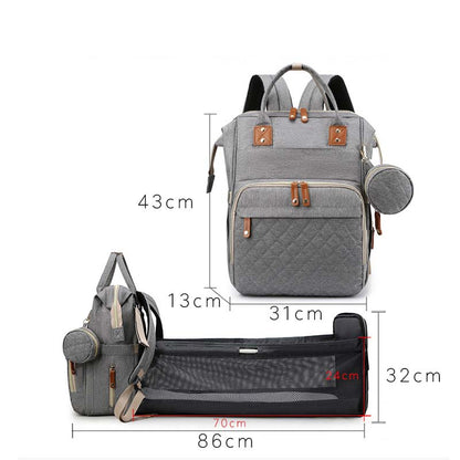 Gray diaper bag with measurements on a white background bleu ribbon