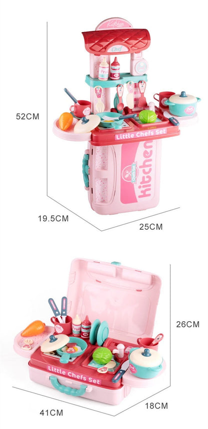 Children's toy kitchen set with measurements on a white background bleu ribbon baby