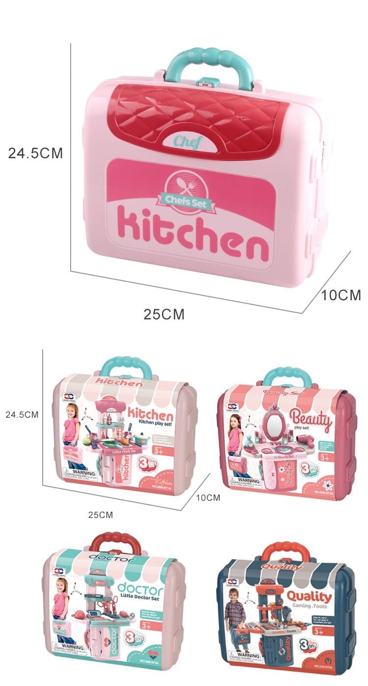 Toy kitchen set in a pink suitcase with dimensions and other product variations shown. bleu ribbon baby