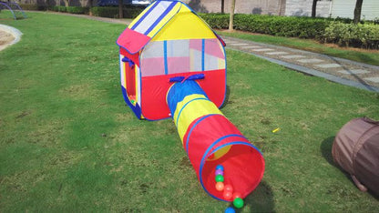 Colorful children's play tent with tunnel on a grassy area bleu ribbon
