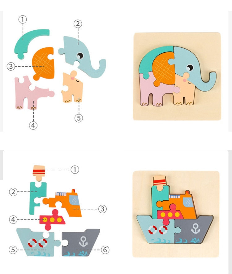 Set of wooden puzzles with animal and boat designs on a beige background bleu ribbon baby