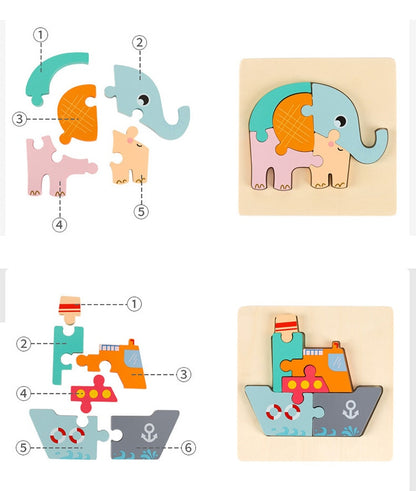 Set of wooden puzzles with animal and boat designs on a beige background bleu ribbon baby