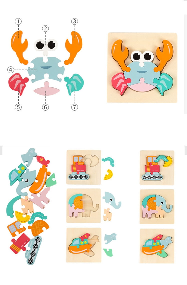 Children's wooden puzzle with cartoon animal pieces and assembled puzzle on the right. Bleu Ribbon Baby