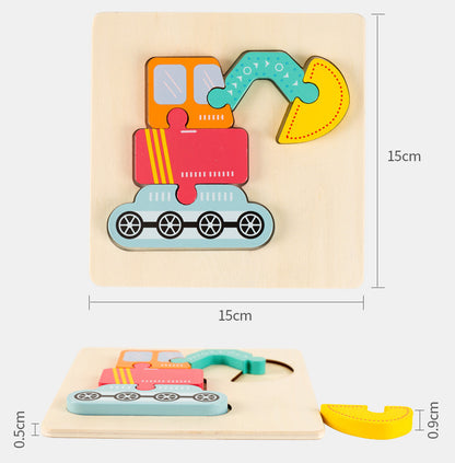 Colorful wooden puzzle excavator with dimensions on a beige background. bleu ribbon baby