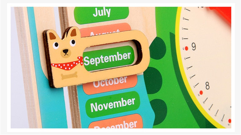 Children's calendar with a dog-shaped page turner on a white background bleu ribbon baby