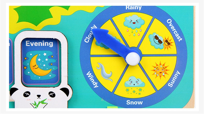 Children's weather wheel with panda character and weather icons on a colorful background bleu ribbon baby
