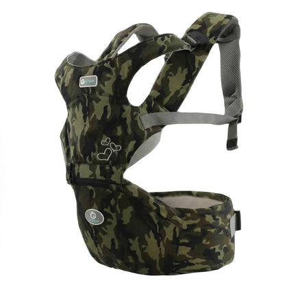 Camouflage-patterned baby carrier on a white background