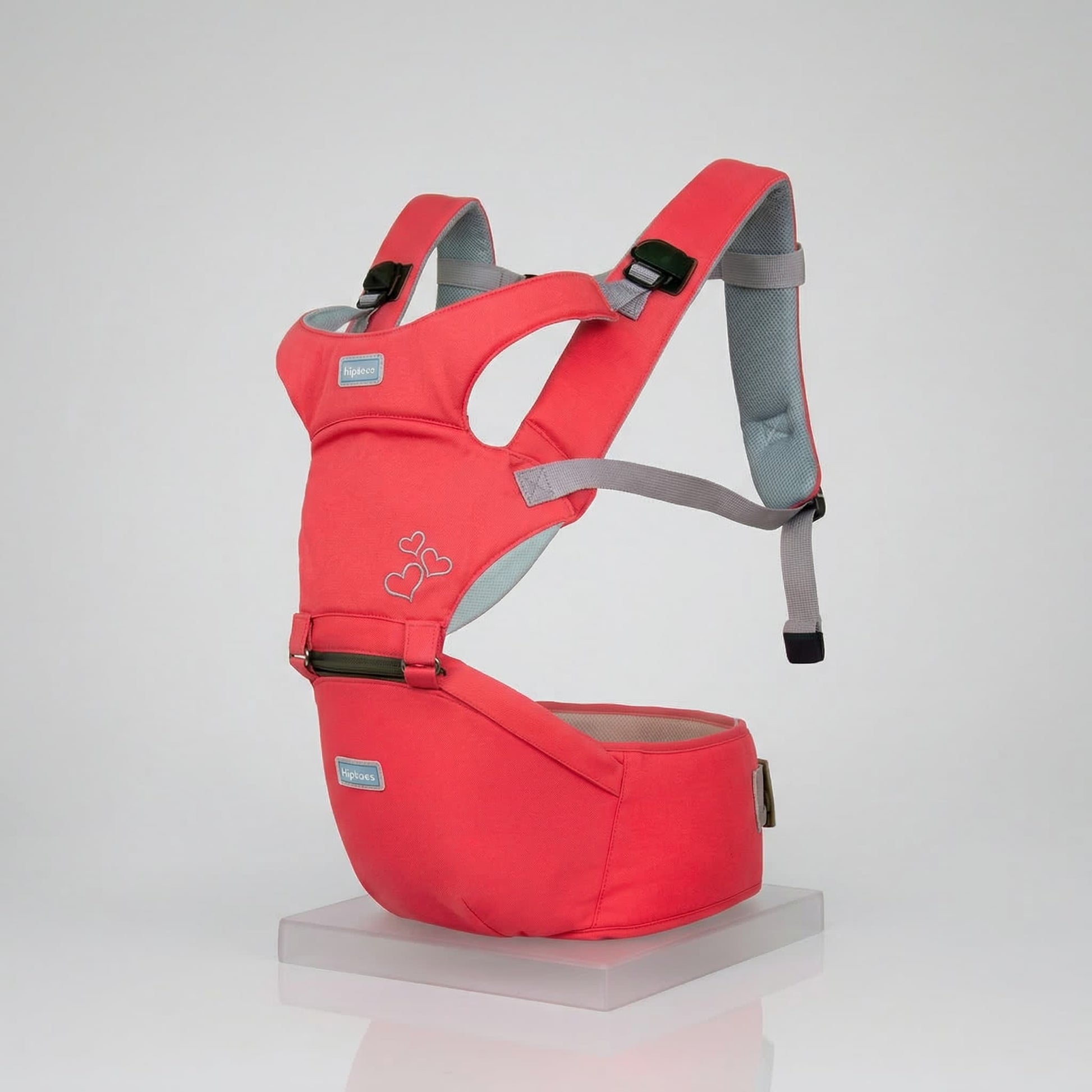 Red baby carrier with gray straps on a white background bleu ribbon