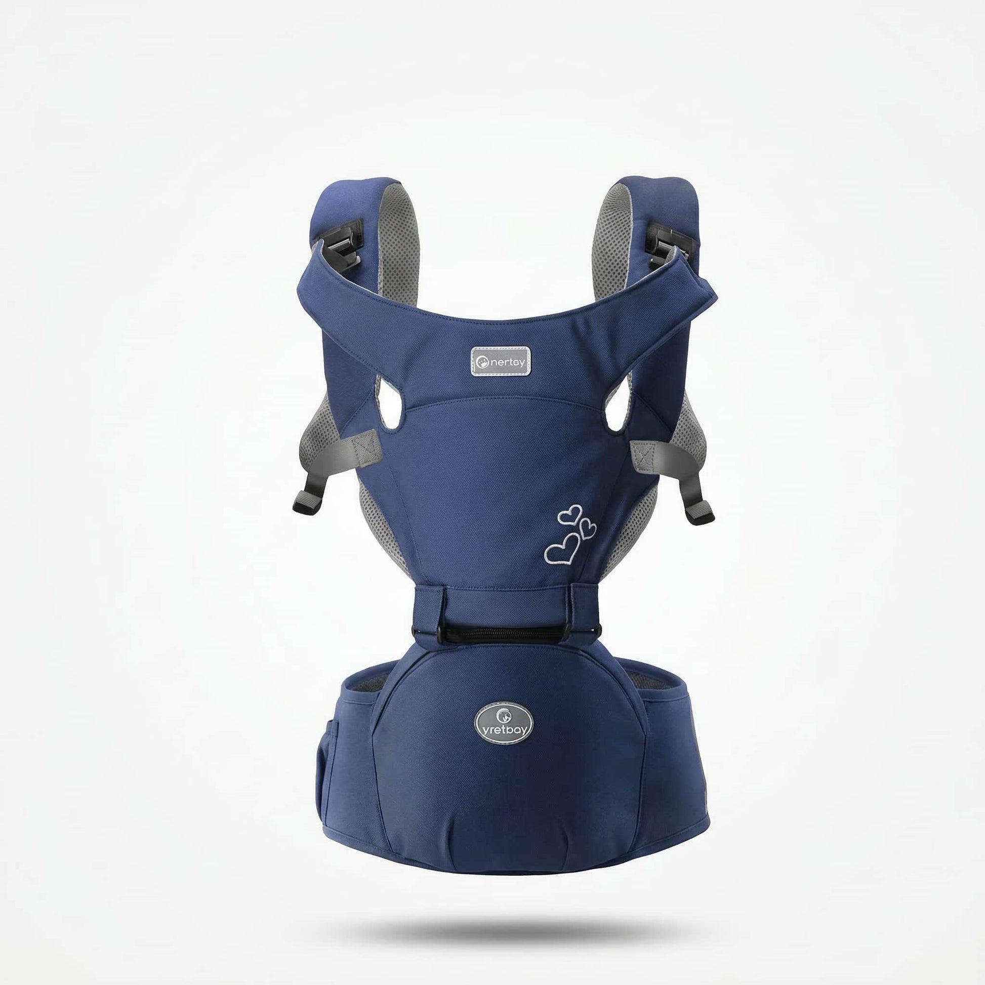 Multifunctional Baby Carrier Waist Stool – Front View. a carrier with dark blue accents on a white background
