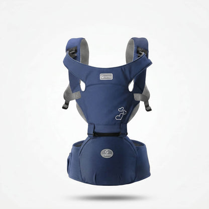 Multifunctional Baby Carrier Waist Stool – Front View. a carrier with dark blue accents on a white background