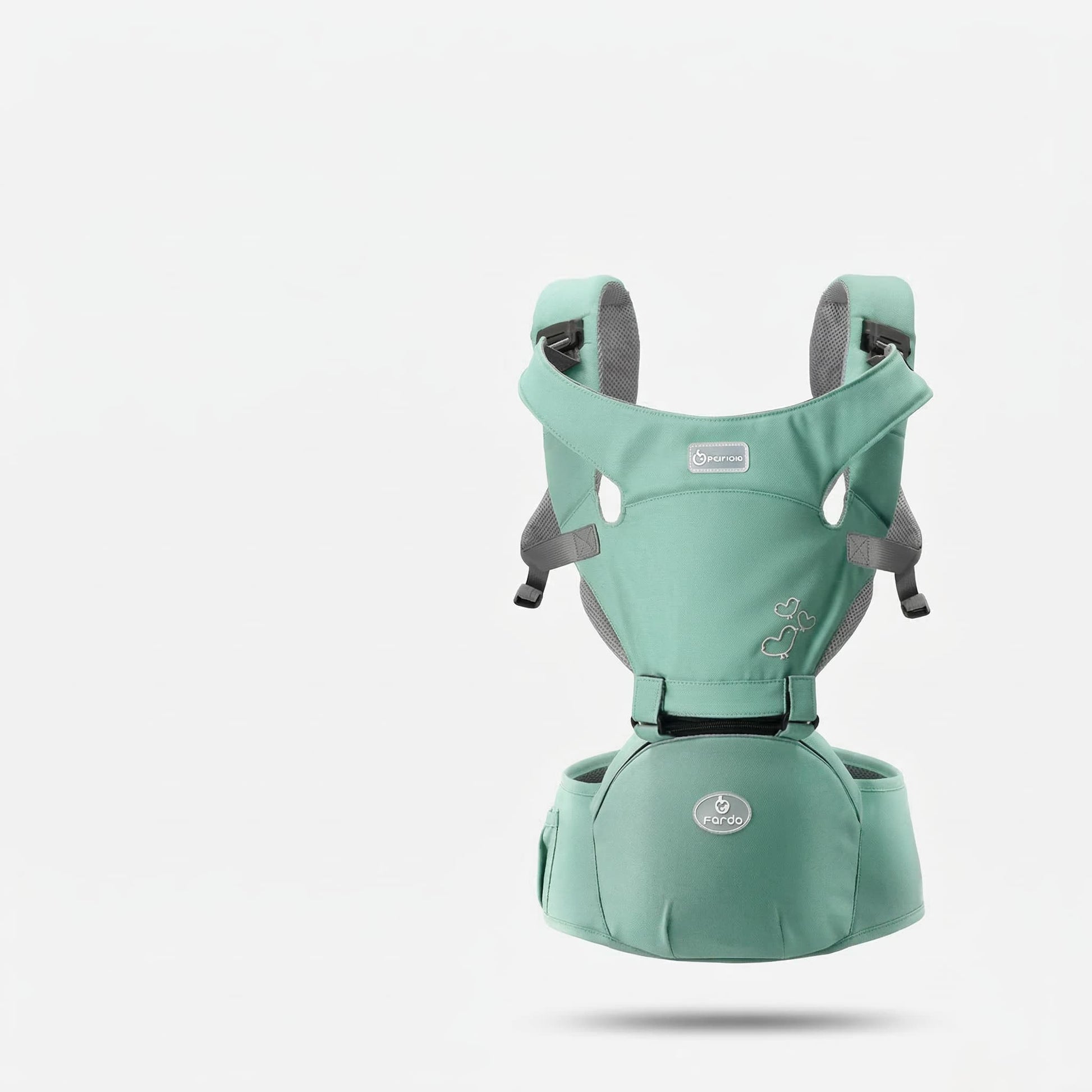 Mint green baby carrier with gray straps on a white background. Multifunctional Baby Carrier Waist Stool – Front View