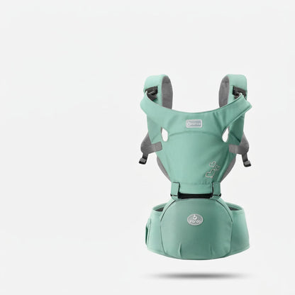 Mint green baby carrier with gray straps on a white background. Multifunctional Baby Carrier Waist Stool – Front View