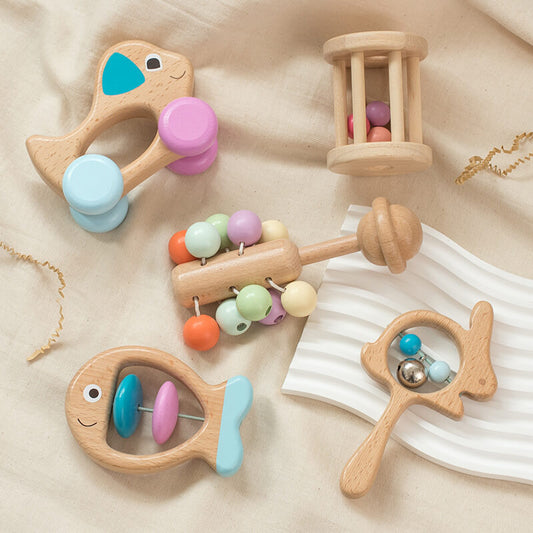 BleuRibbon Baby – Newborn Baby Beech Educational Rattle Toy Set – Handbell 5-Piece Set