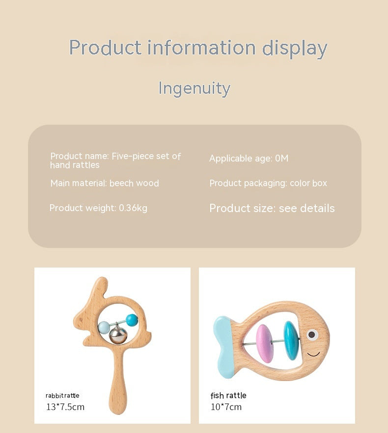 Wooden baby rattle set with product information on a beige background bleu ribbon baby