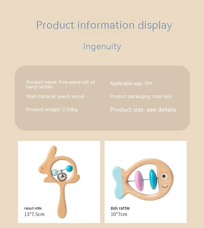 Wooden baby rattle set with product information on a beige background bleu ribbon baby